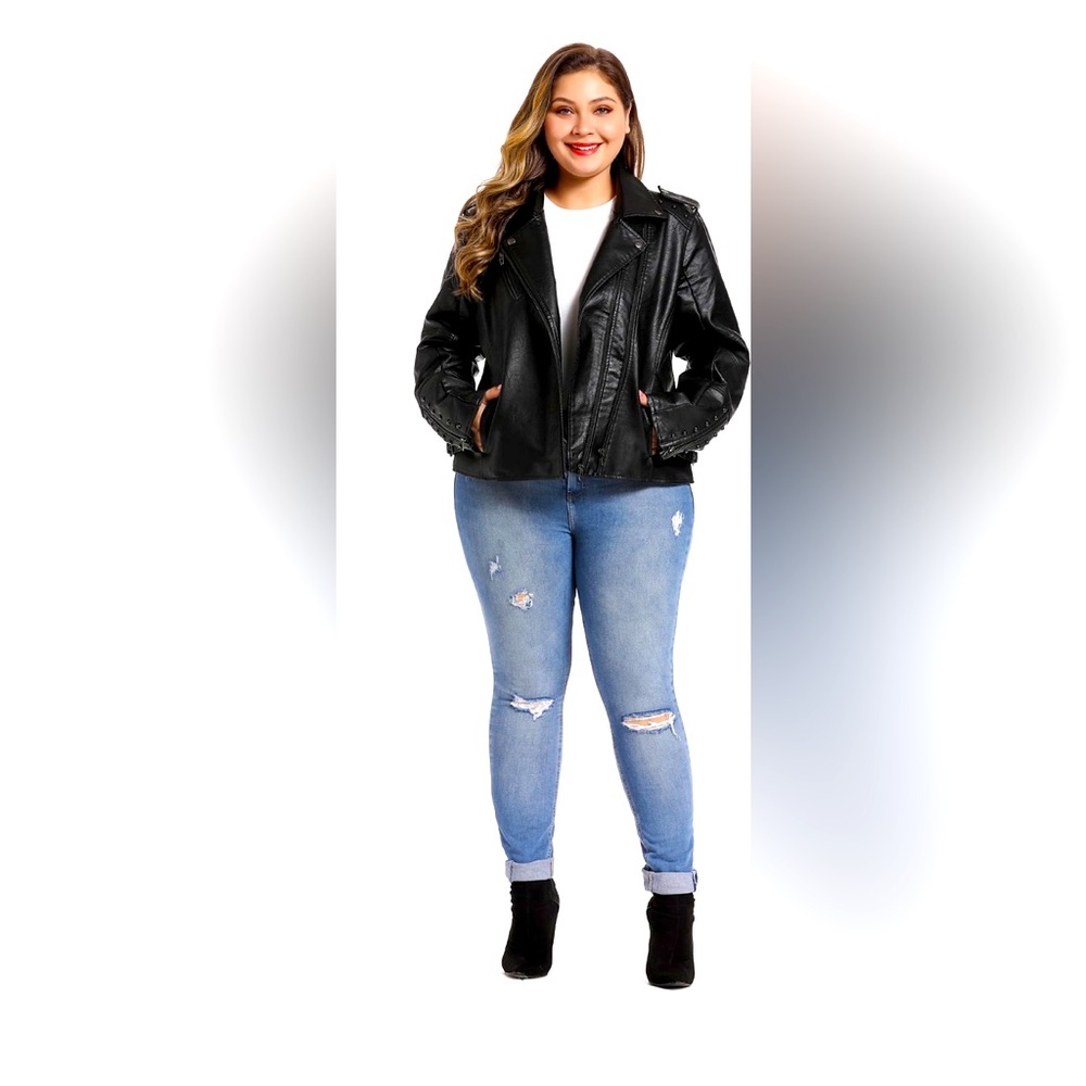 Women’s Faux Leather Jacket, Double Zip Up Coat, Moto Biker Outwear with Rivets